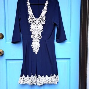 Adorable Navy Dress w/ White Embroidered Style Lace